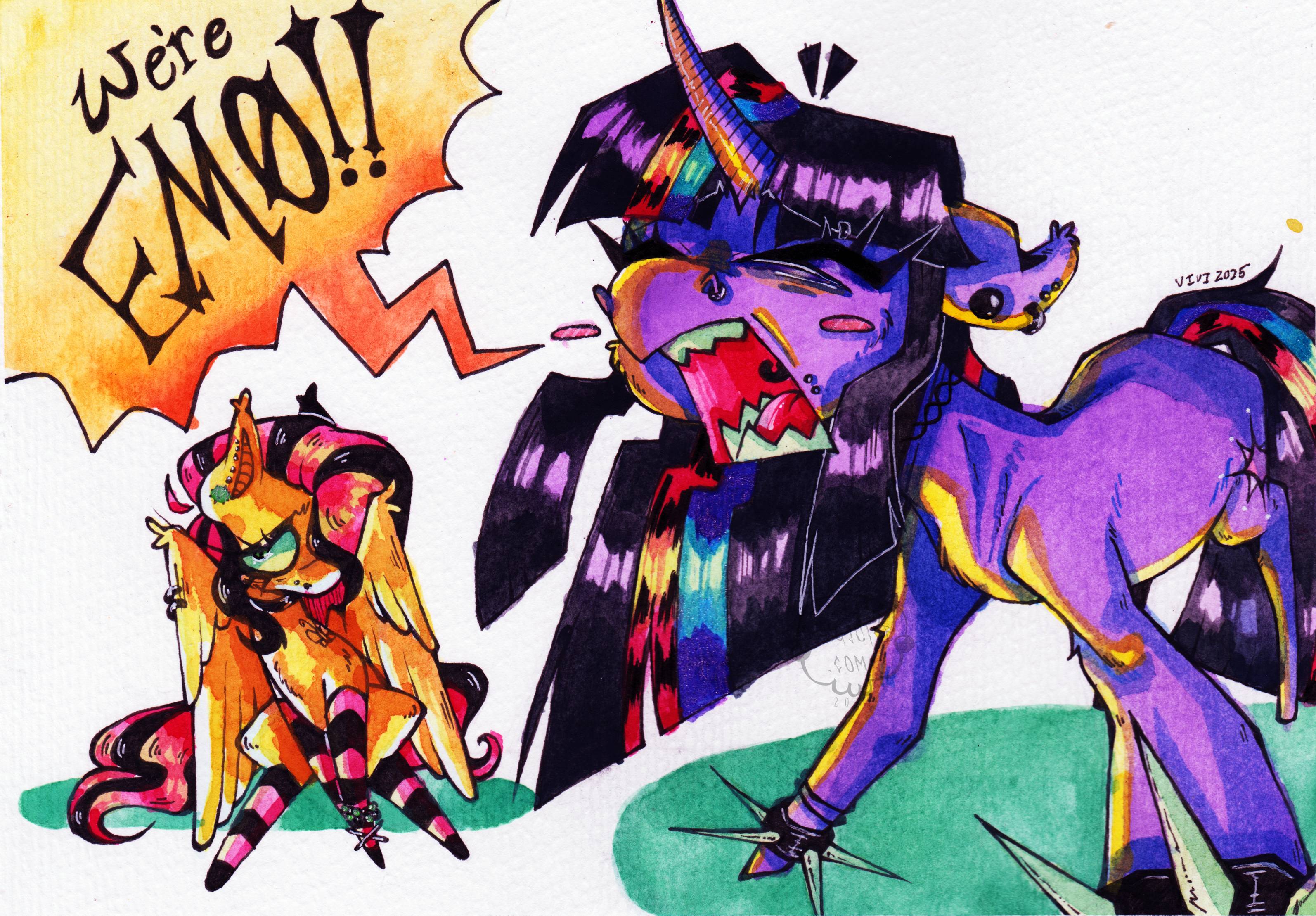 Twilight Sparkle and Fluttershy drawn together in an emo getup. Twilight is shouting, 'WE'RE EMO!' while Fluttershy sits in the background, shyly looking down.